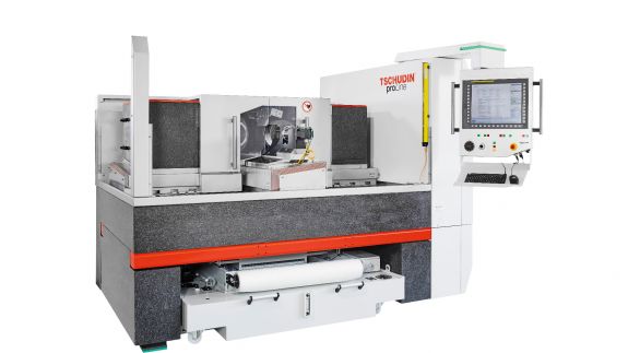 4-Achsen Schleifmaschine mit höhenverstellbarer Regelscheibe.